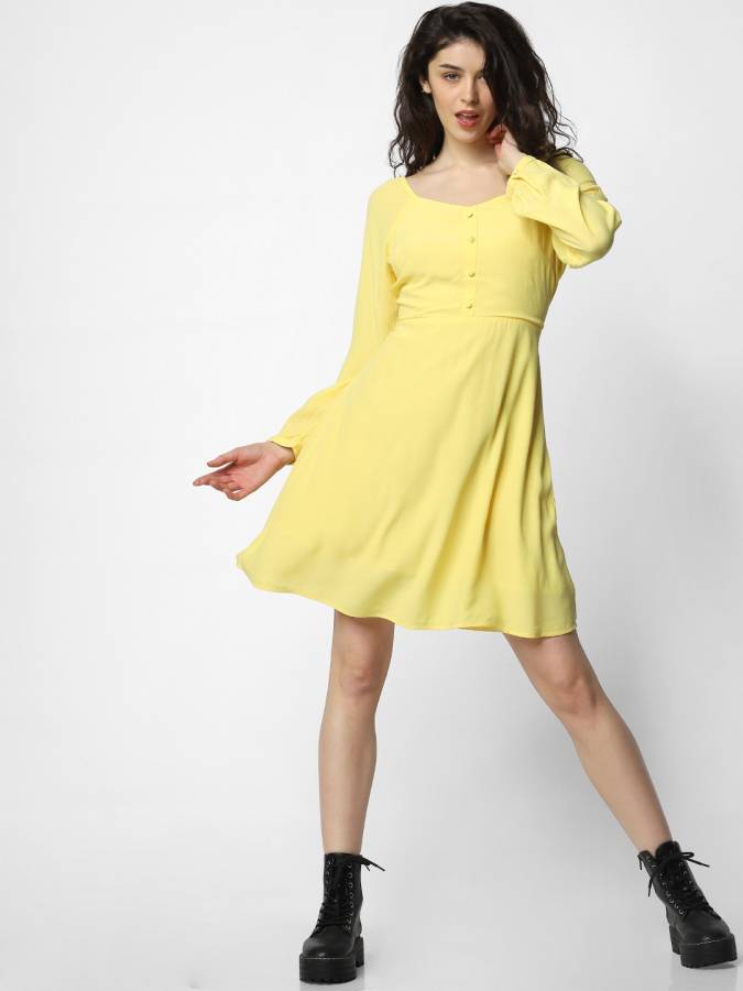 Women Fit and Flare Yellow Dress Price in India