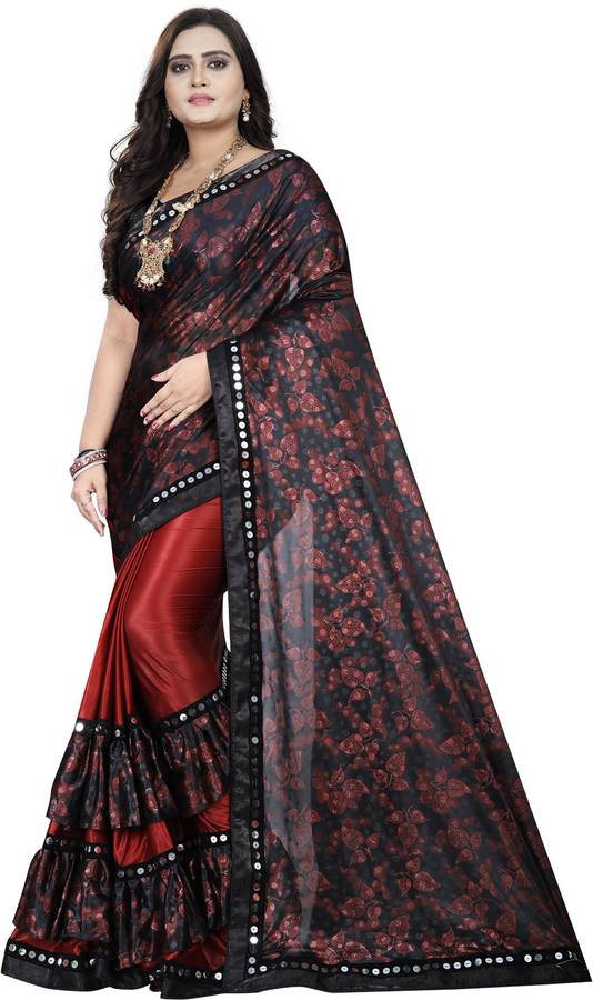 Floral Print, Applique Fashion Lycra Blend Saree