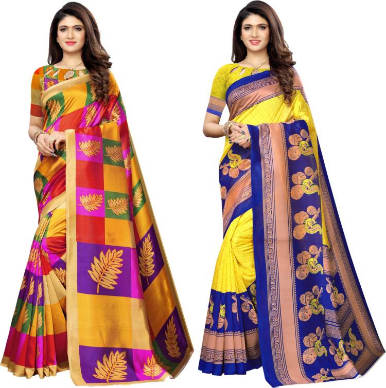 Printed, Color Block Banarasi Cotton Silk Saree