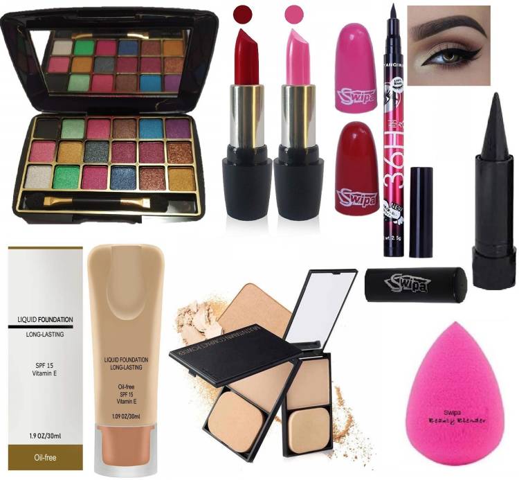 SWIPA Pink Red Lipstick+18 Colour Mini Eyehadow+36hrs Eyeliner+Kajal+Compact+Foundation+Puff Price in India