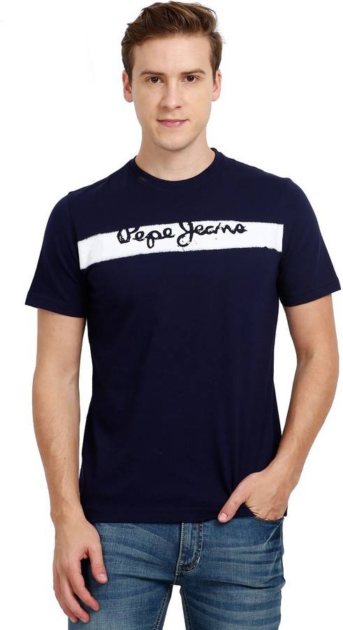 Printed Men Round Neck Dark Blue T-Shirt