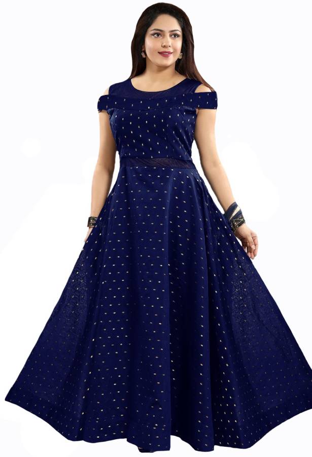 Women Gown Dark Blue, White Dress