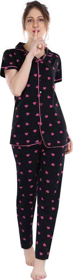 Women Printed Black Shirt & Pyjama set