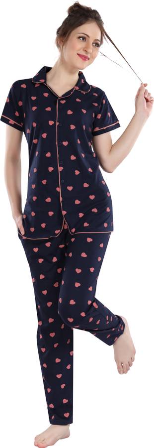Women Printed Dark Blue Shirt & Pyjama set