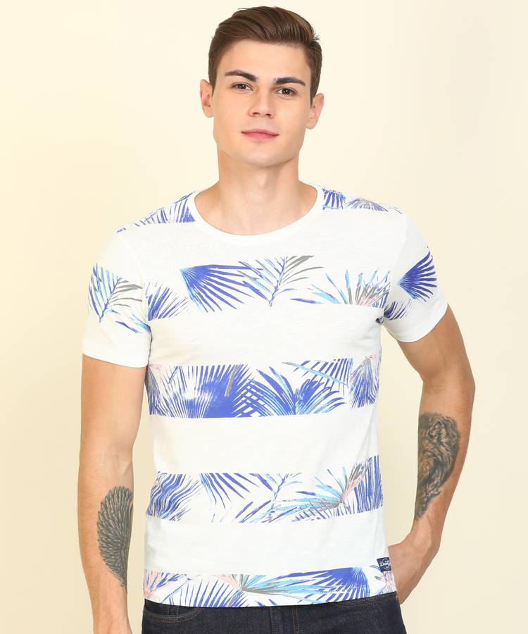 Floral Print Men Round Neck White, Blue T-Shirt