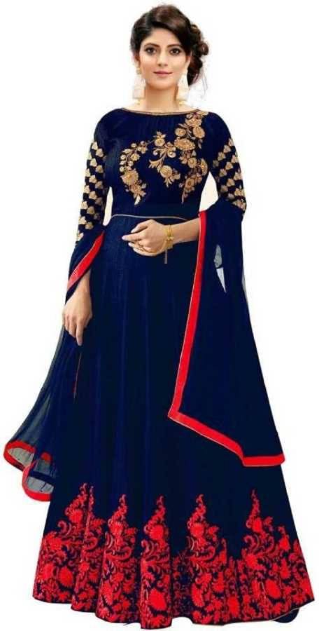 Semi Stitched Satin Gown/Anarkali Kurta & Bottom Material Embroidered Price in India