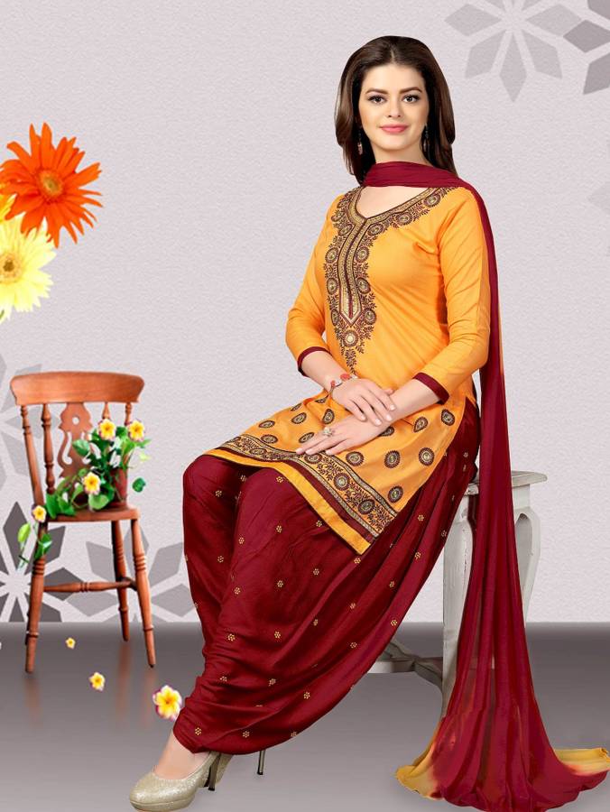 Cotton Embroidered, Dyed Kurta & Patiyala Material