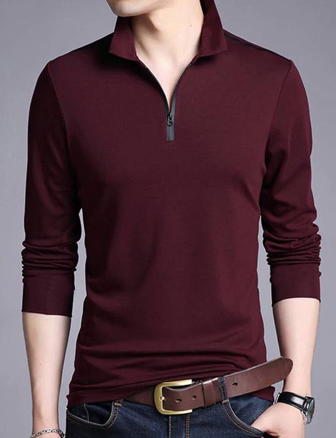 Solid Men Polo Neck Purple T-Shirt Price in India