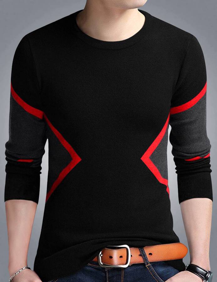 Color Block Men Round Neck Black T-Shirt Price in India