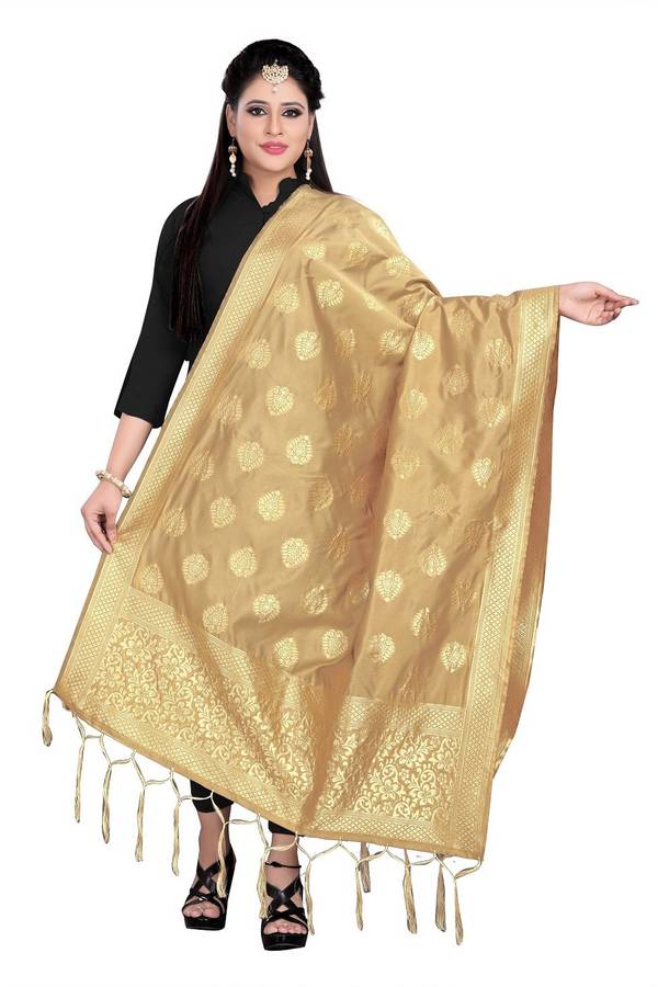 Cotton Blend, Art Silk Woven Beige Women Dupatta