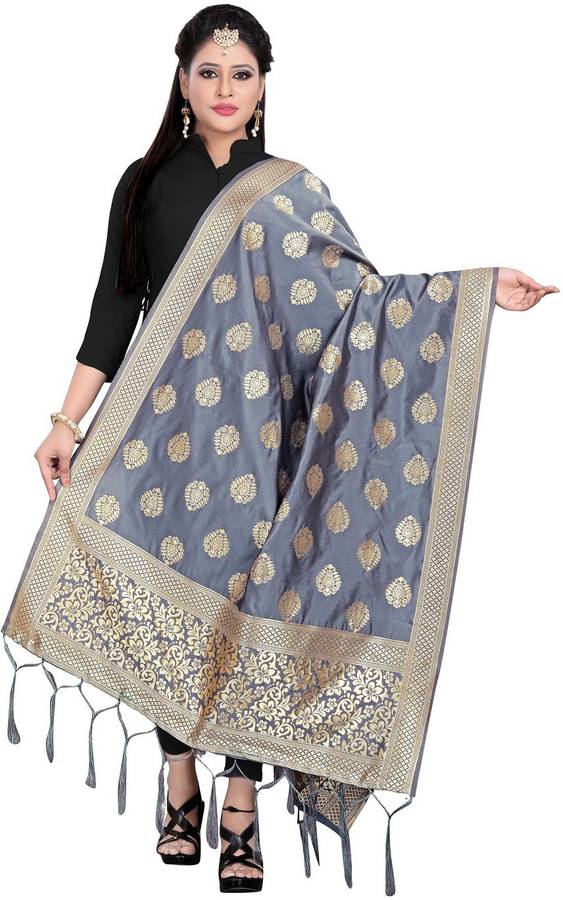 Cotton Blend, Art Silk Woven Grey Women Dupatta