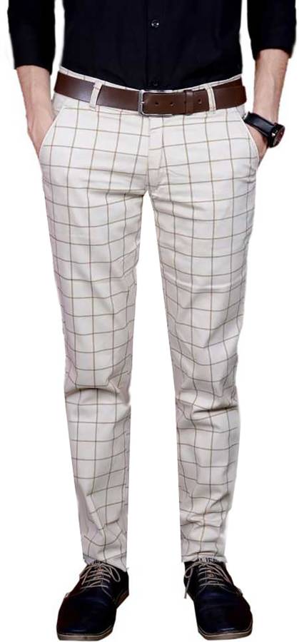 Slim Fit Men Cream Cotton Blend Trousers