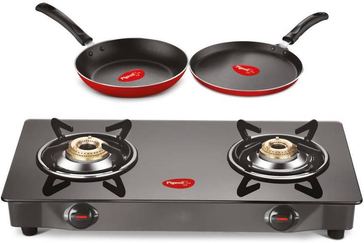 Pigeon Gas Stove Combo - Brunet 2 Burner Gas Cooktop + Flat tawa 250 + Fry Pan 240 Stainless Steel Manual Gas Stove