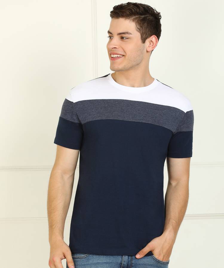 Color Block Men Round Neck Dark Blue, White T-Shirt