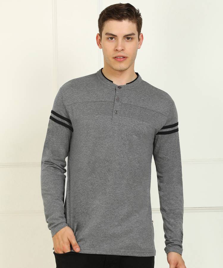 Solid Men Henley Neck Grey T-Shirt