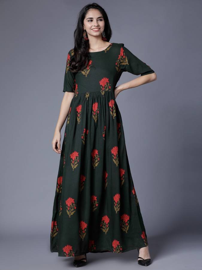 Women Maxi Dark Green, Red Dress Price in India