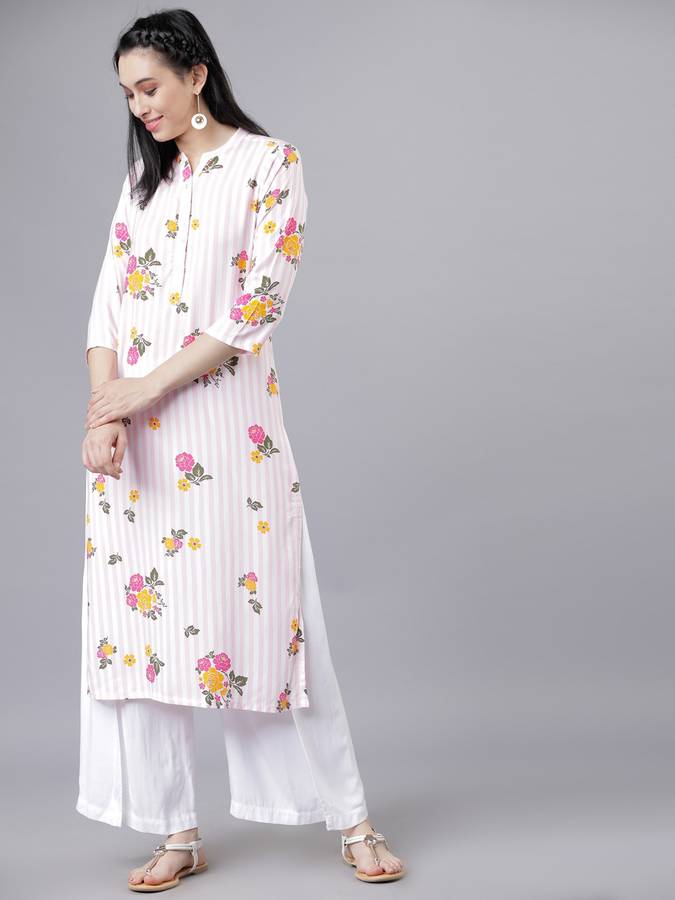 Women Printed, Striped Viscose Straight Kurta