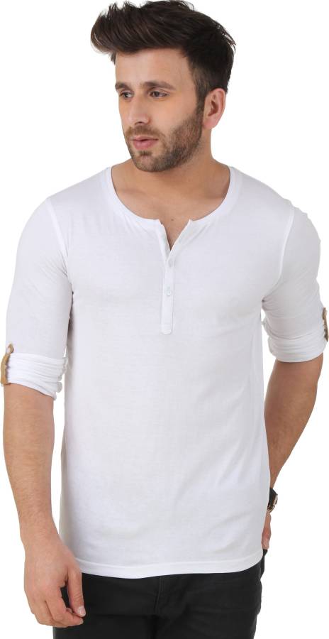 Solid Men Henley Neck White T-Shirt