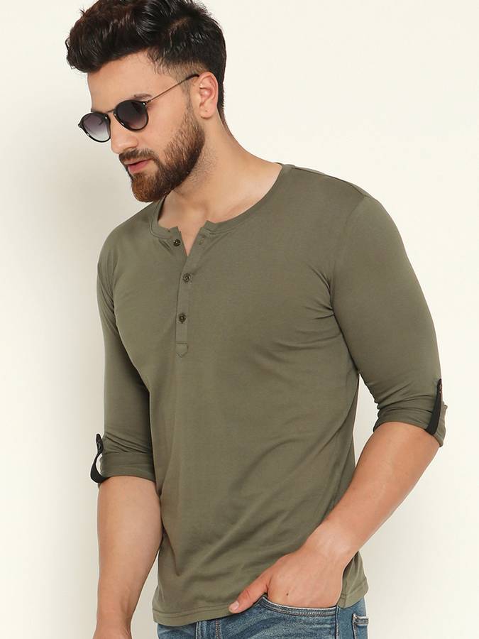 Solid Men Henley Neck Light Green T-Shirt