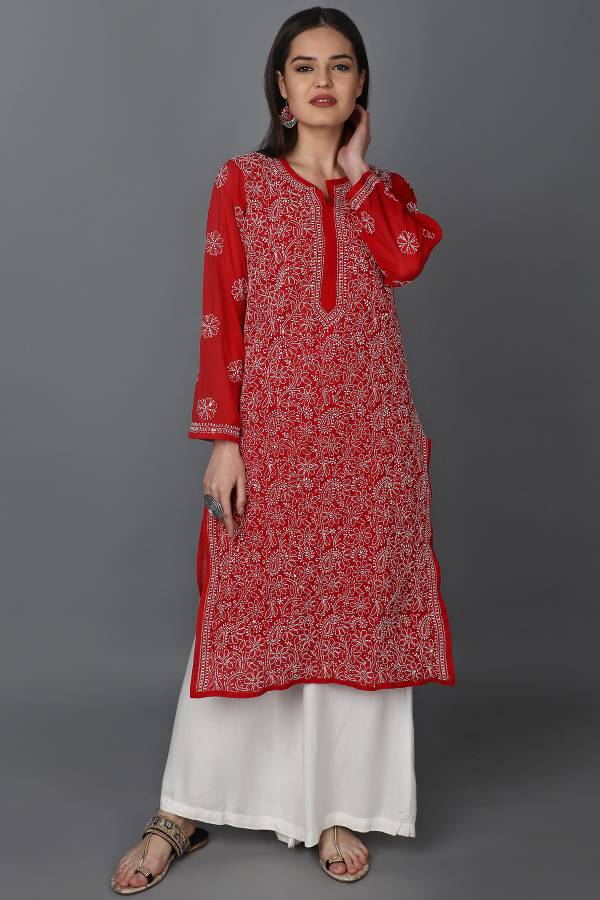 Women Chikan Embroidery, Embroidered Poly Georgette Straight Kurta