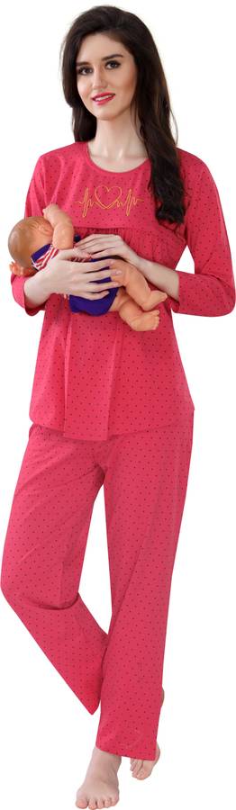 Women Printed Red Top & Pyjama Set
