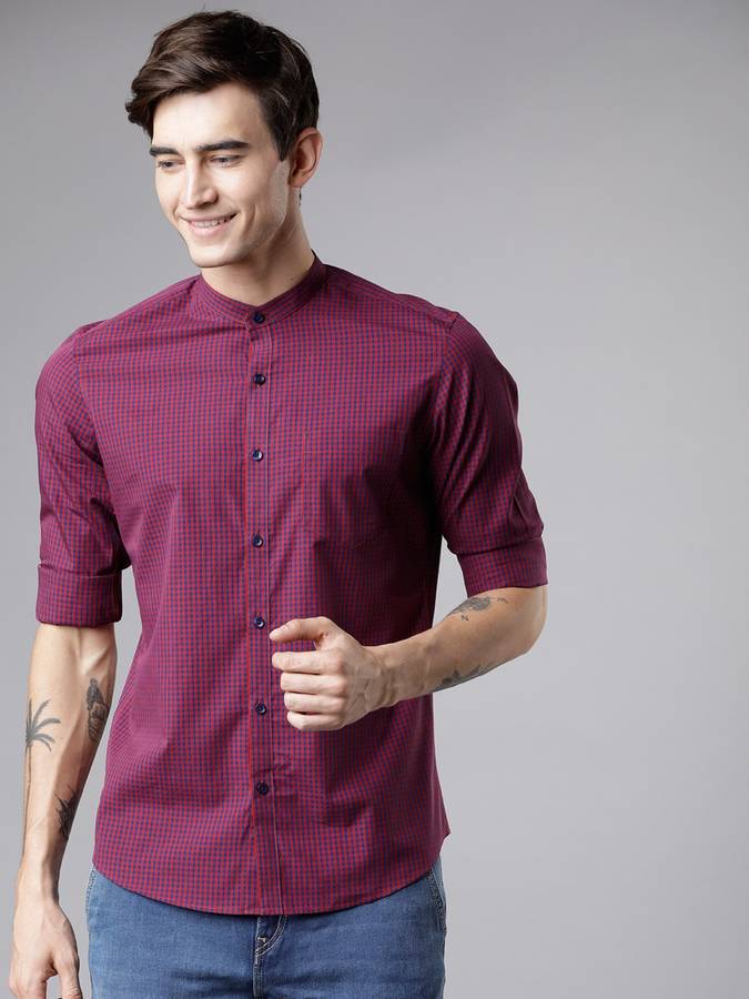 Men Checkered Formal Mandarin Shirt