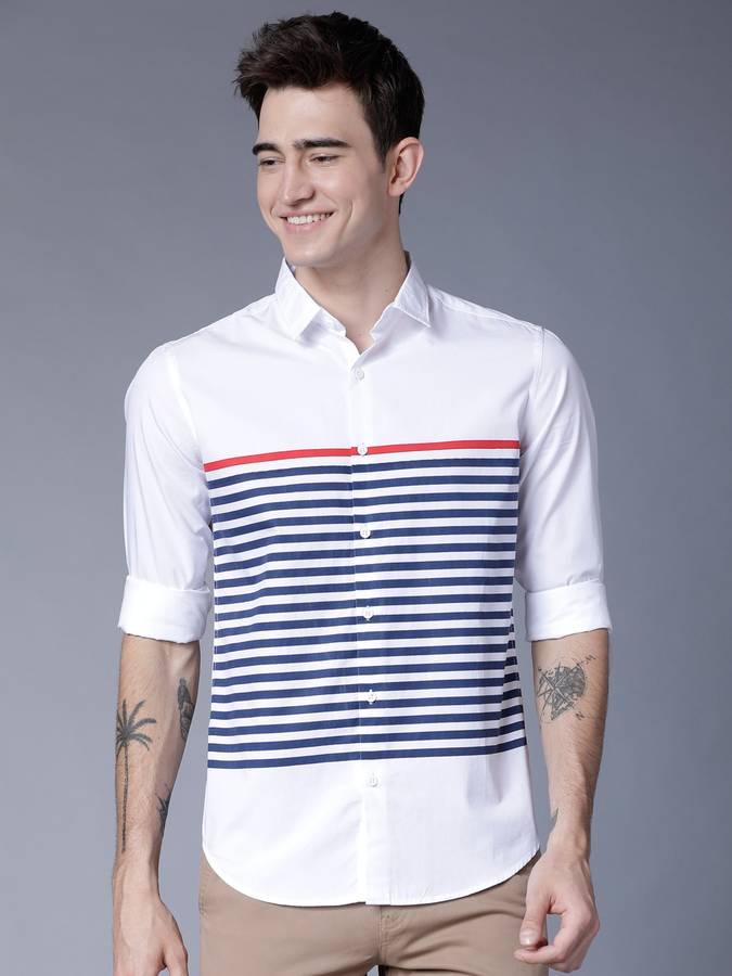 Men Slim Fit Striped Slim Collar Casual Shirt