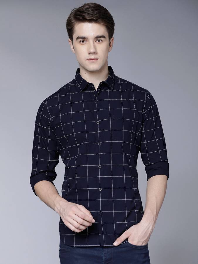 Men Slim Fit Checkered Spread Collar Casual Shirt