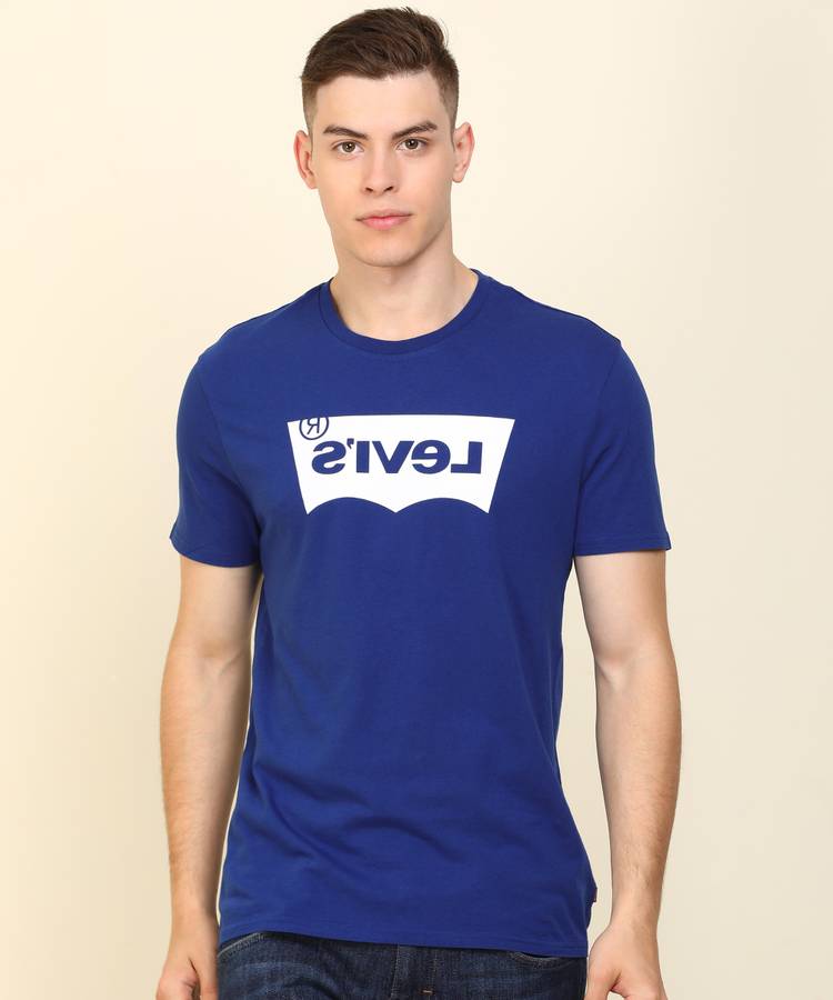 Printed Men Round Neck Reversible Blue T-Shirt