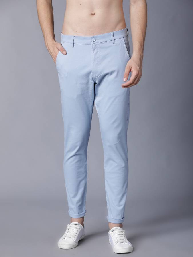 Slim Fit Men Light Blue Cotton Lycra Blend Trousers