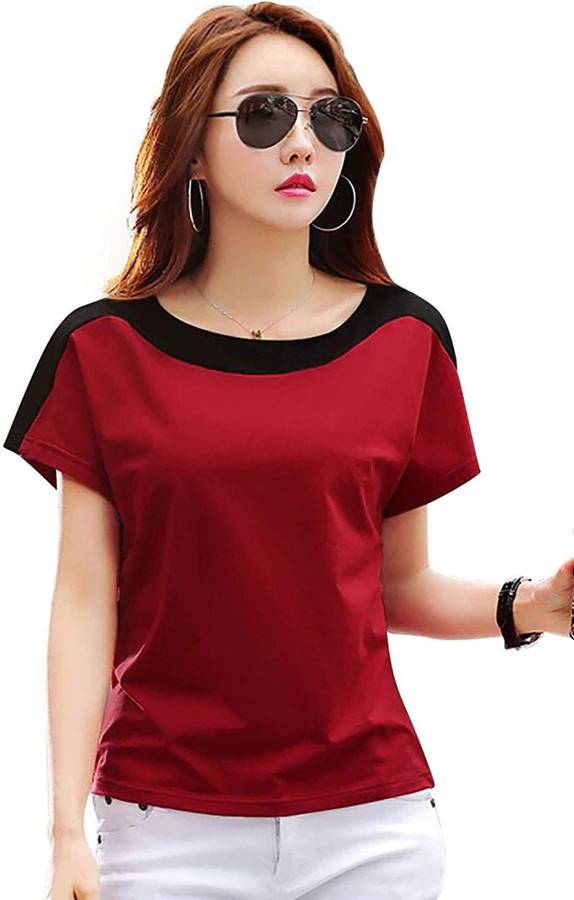 Color Block Women Round Neck Red T-Shirt