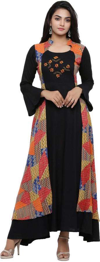 Women Printed, Embroidered Rayon Flared Kurta