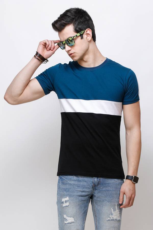 Striped Men Round Neck Blue, Black T-Shirt