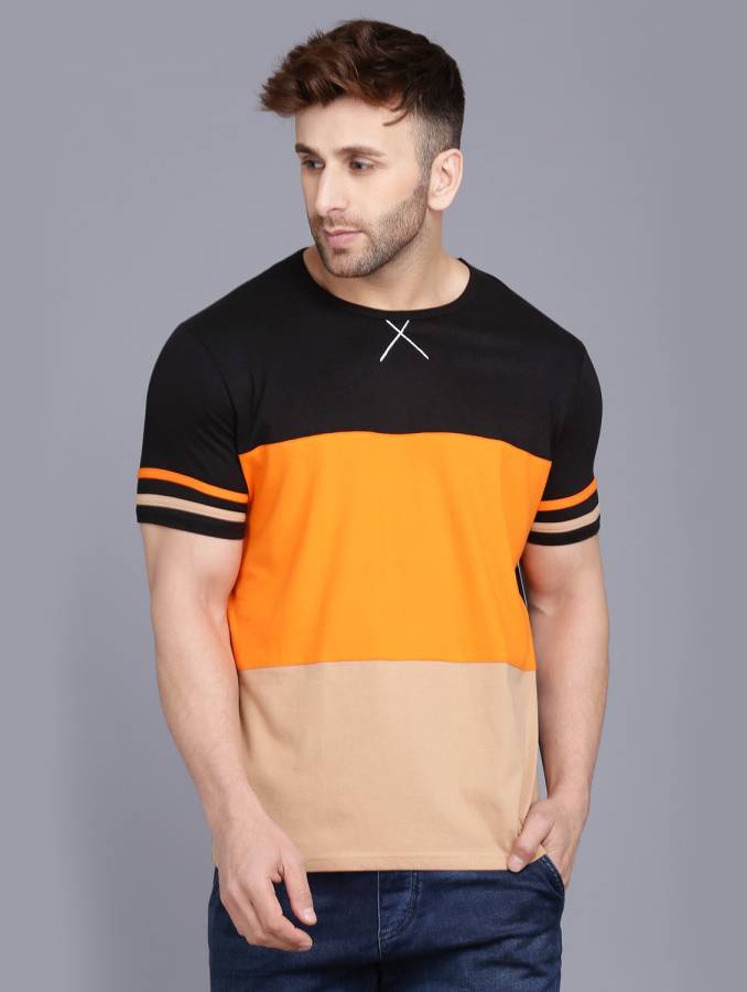 Color Block Men Round Neck Black, Orange, Grey T-Shirt