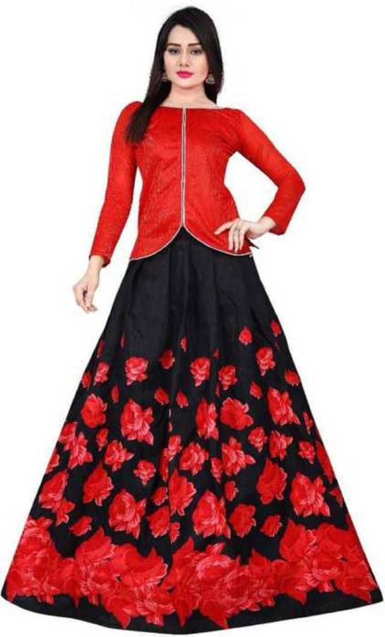 Solid, Floral Print Semi Stitched Lehenga & Crop Top