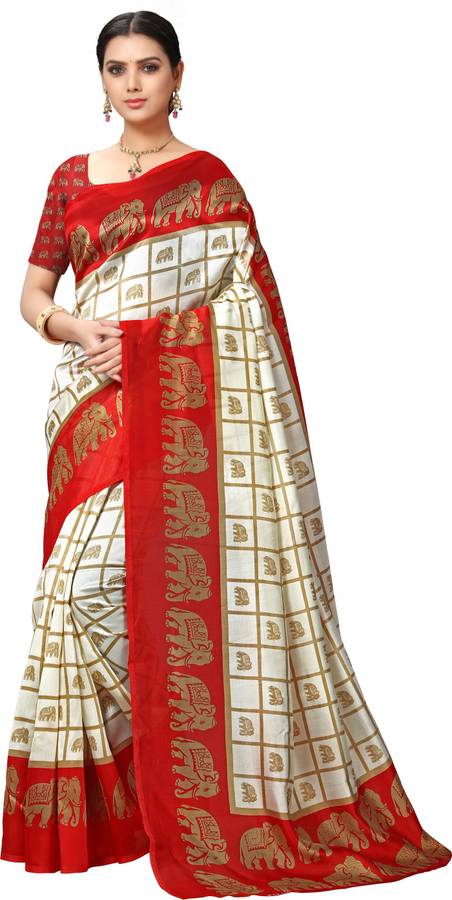 Animal Print, Checkered Bhagalpuri Silk Blend Saree