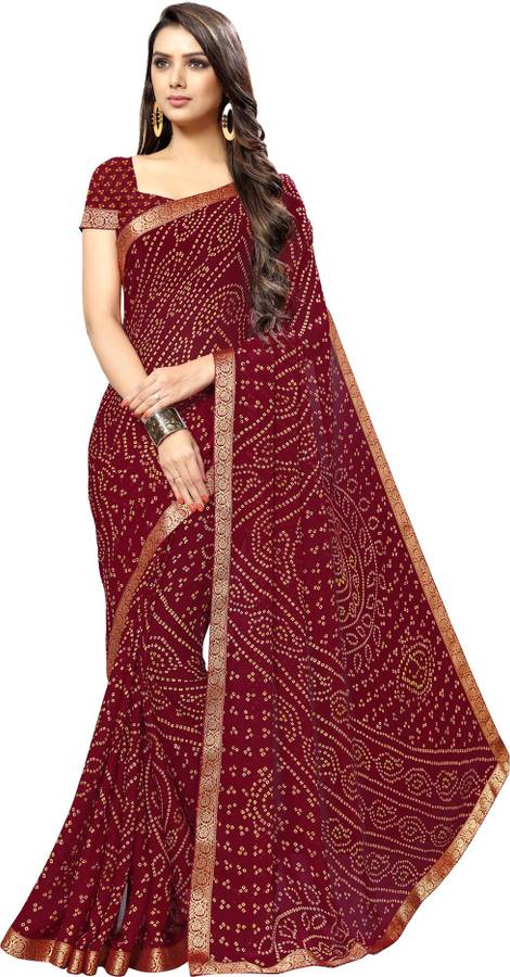 Printed, Geometric Print Bandhani Chiffon Saree