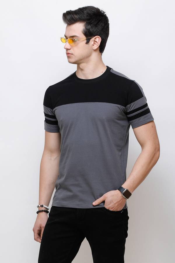 Color Block Men Round Neck Black, Grey T-Shirt