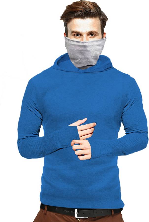 Solid Men Hooded Neck Blue T-Shirt