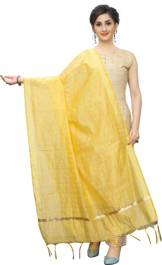 Cotton Silk Checkered Yellow Women Dupatta