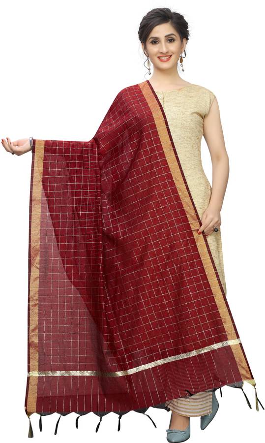 Cotton Silk Checkered Red Women Dupatta