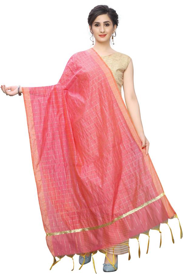 Cotton Silk Checkered Pink Women Dupatta