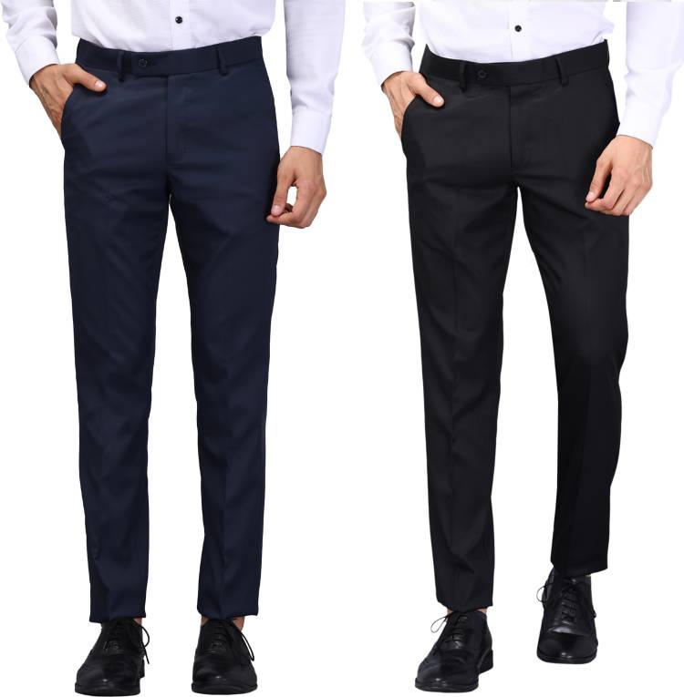 Slim Fit Men Blue, Black Polycotton Trousers