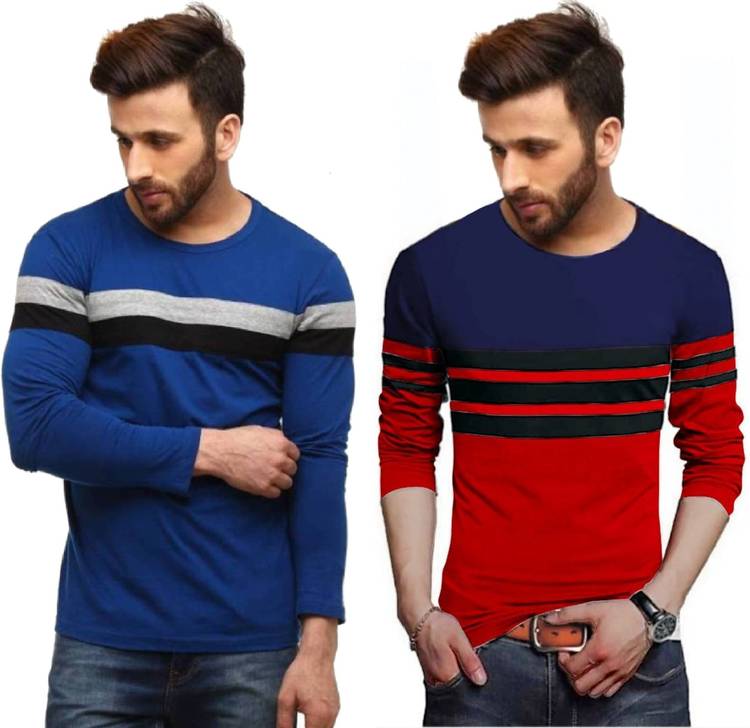 Solid Men Round Neck Red, Blue T-Shirt