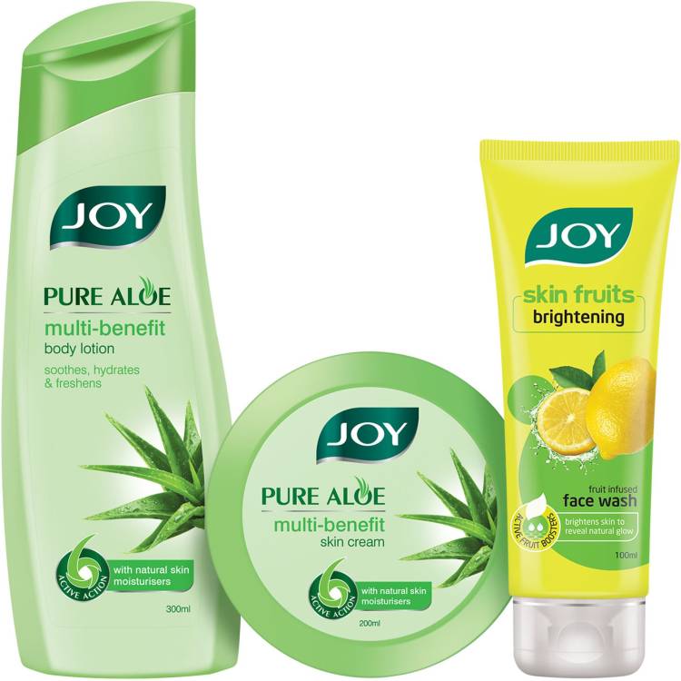 Joy Pure Aloe Multi Benefit Body Lotion-300ml + Pure Aloe Multi Benefit Skin Cream-200ml + Skin Fruits Active Brightening Lemon Face Wash 100ml Price in India