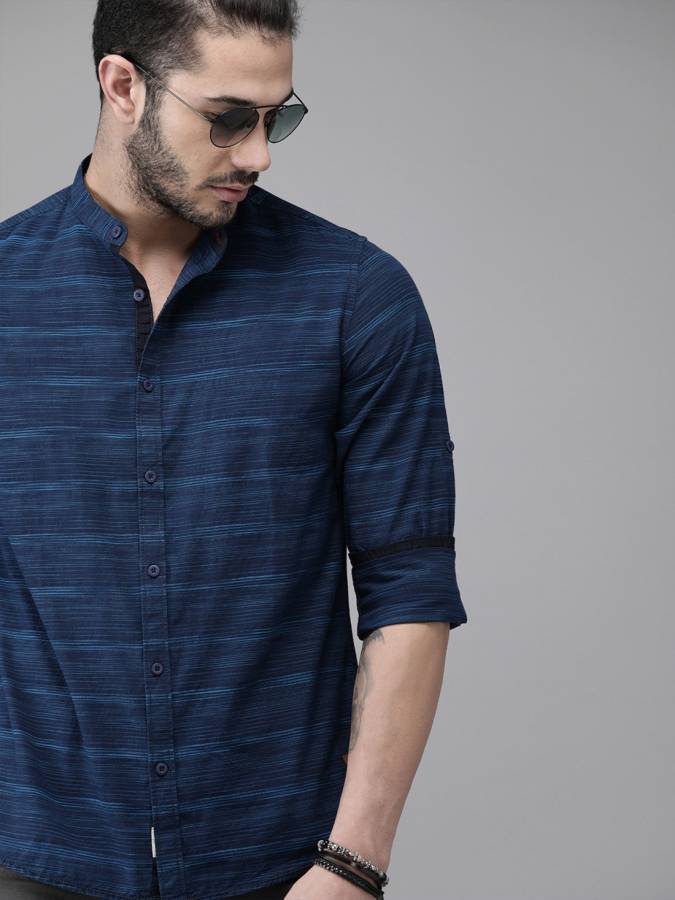 Men Regular Fit Striped Mandarin Collar Casual Shirt Price in India