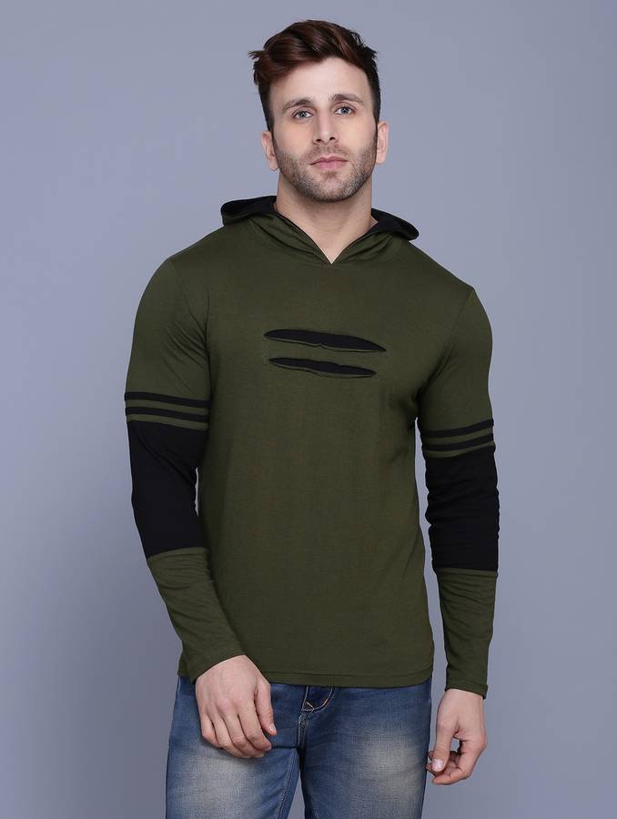 Solid Men Hooded Neck Green T-Shirt