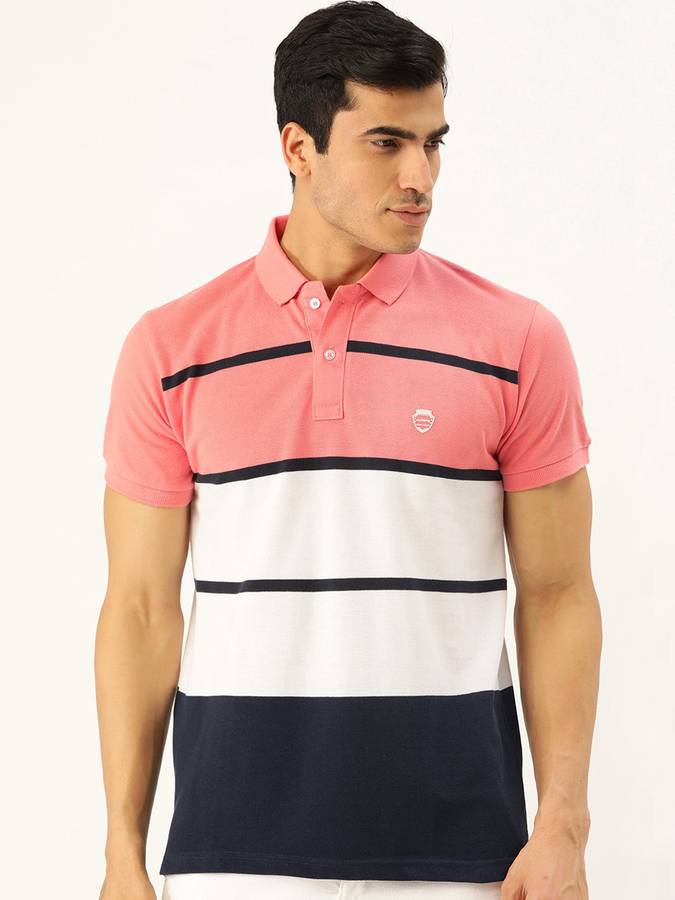 Striped Men Collared Neck Orange T-Shirt