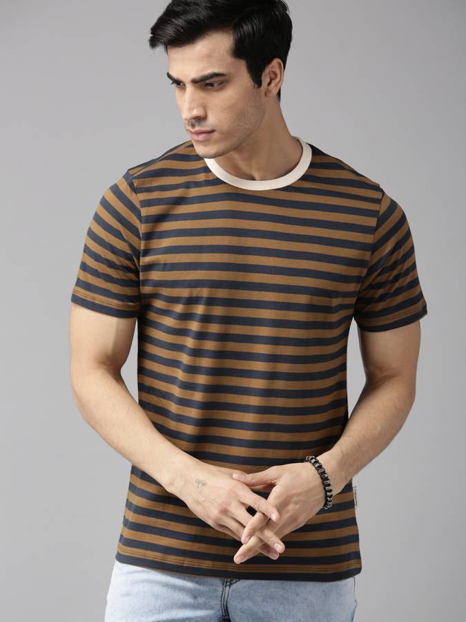 Striped Men Round Neck Dark Blue T-Shirt Price in India