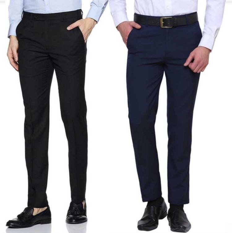 Regular Fit Men Blue, Black Polyester Viscose Blend Trousers